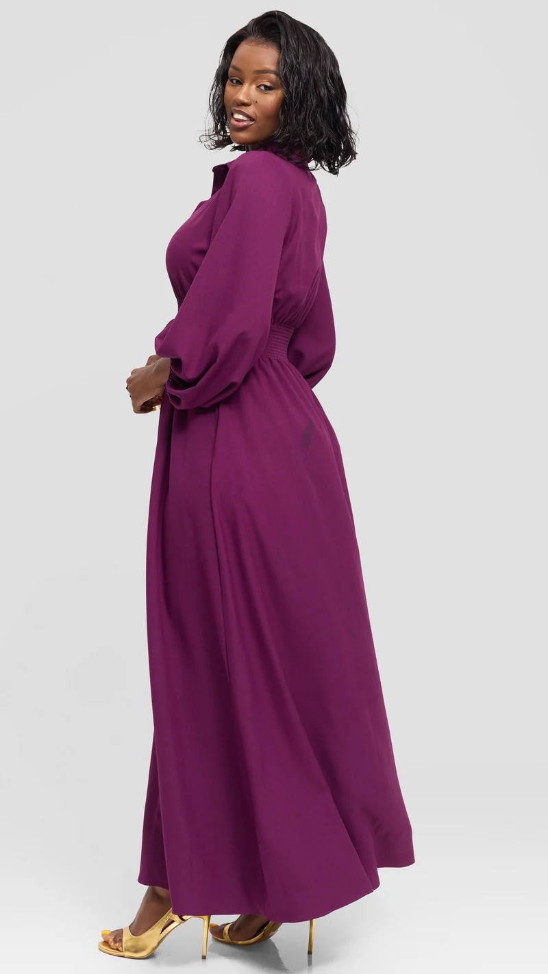 Vivo Bishop Sleeve Shirred Maxi Dress in Crepe - Dark Purple