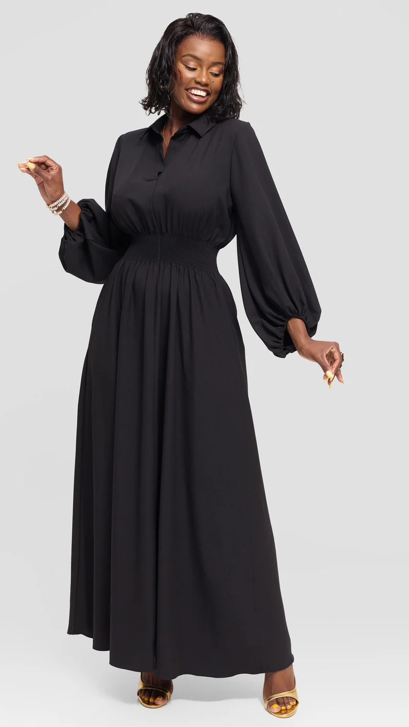 Vivo Bishop Sleeve Shirred Maxi Dress in Crepe - Black