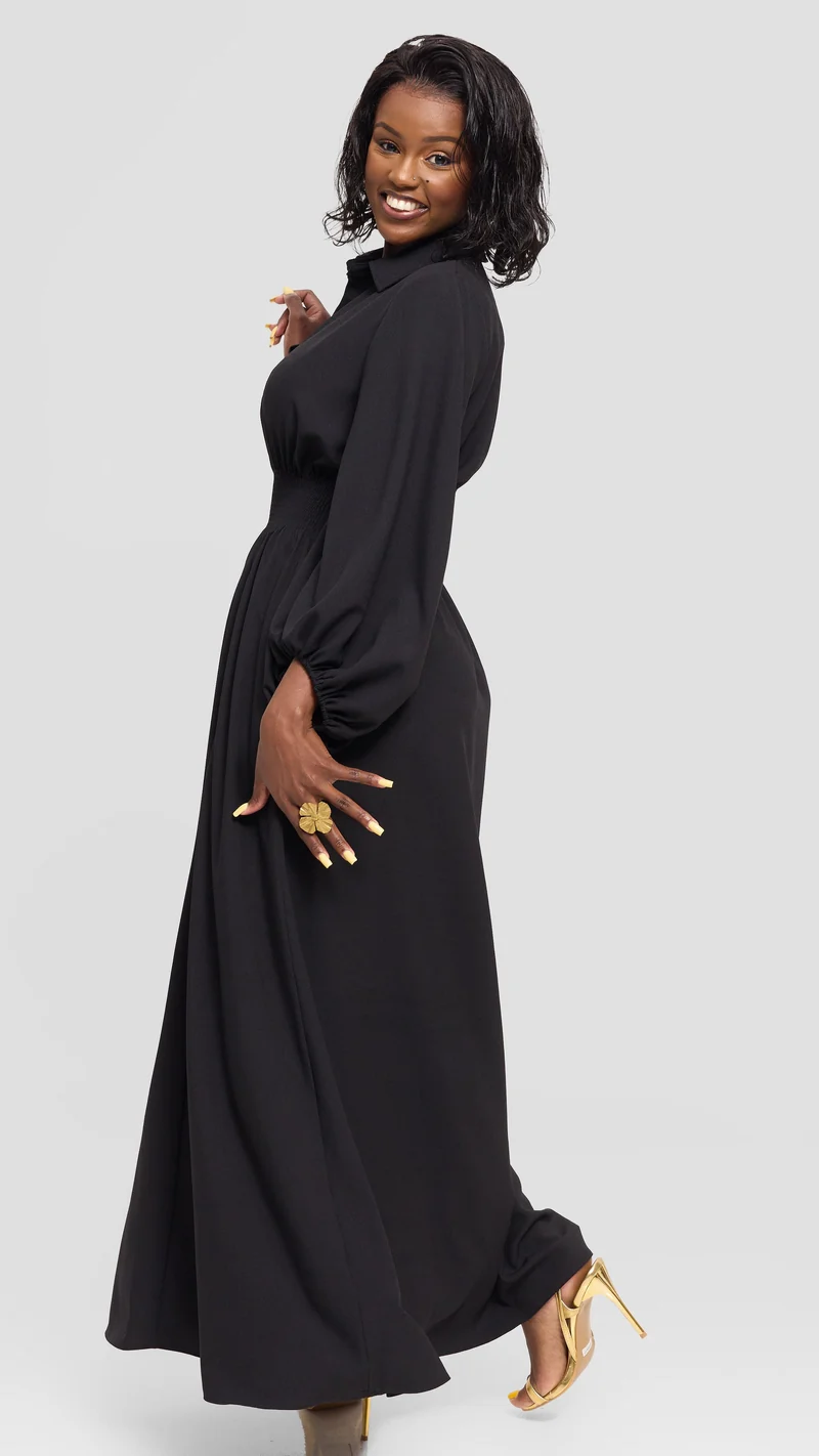 Vivo Bishop Sleeve Shirred Maxi Dress in Crepe - Black