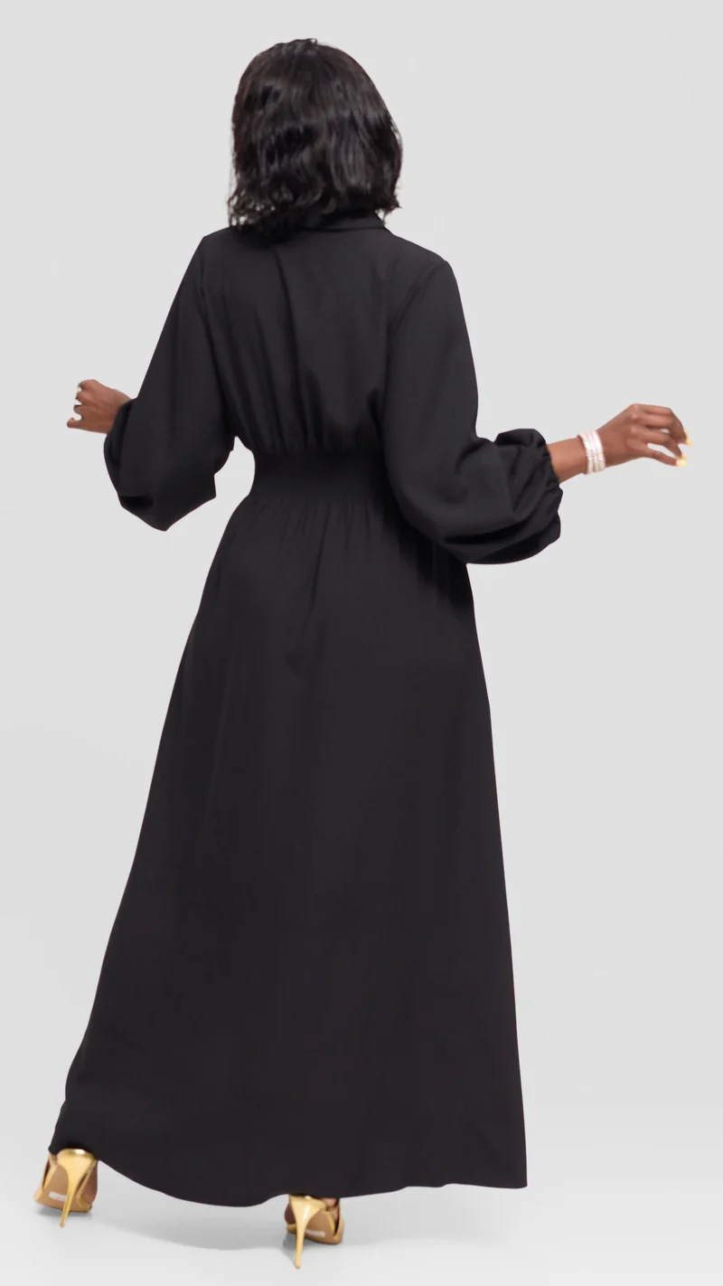 Vivo Bishop Sleeve Shirred Maxi Dress in Crepe - Black