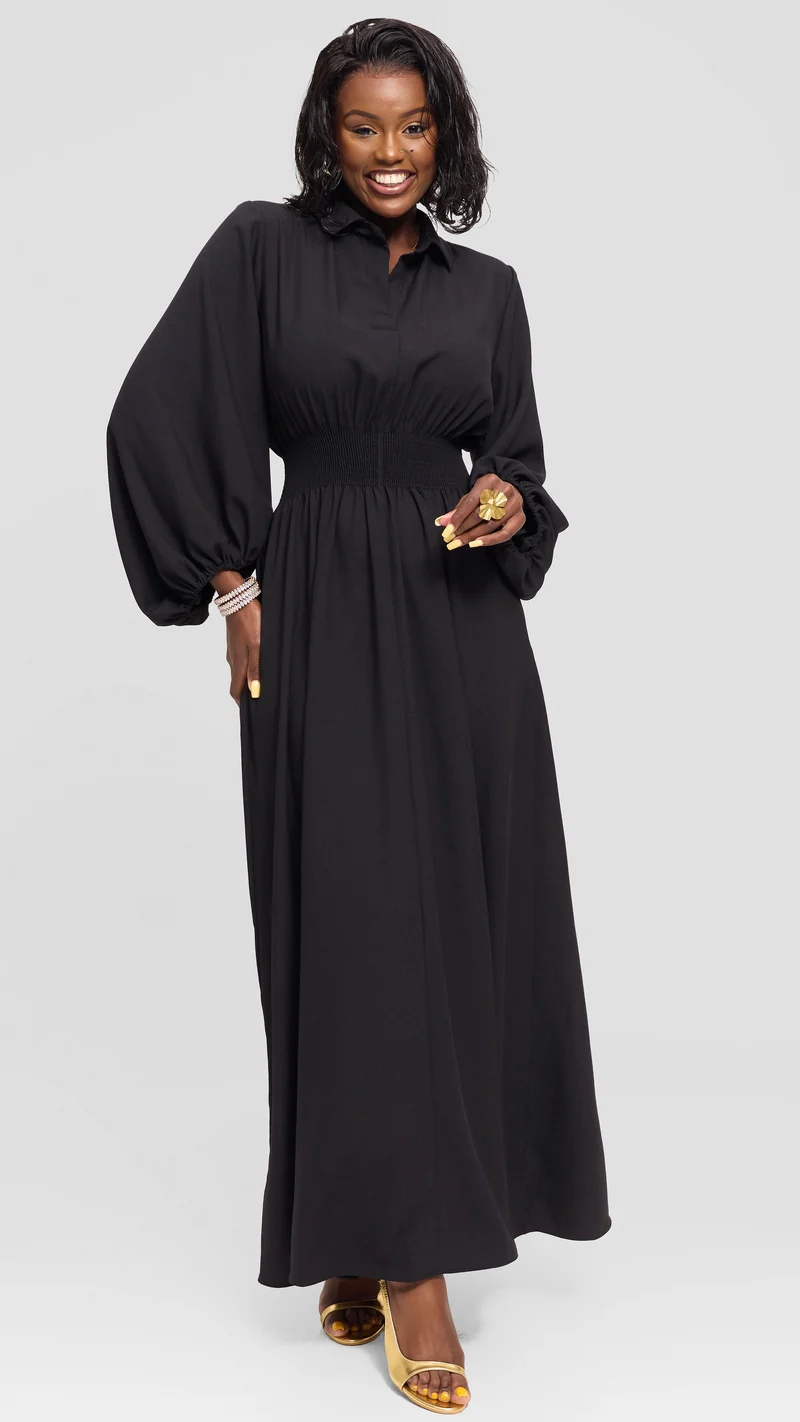 Vivo Bishop Sleeve Shirred Maxi Dress in Crepe - Black