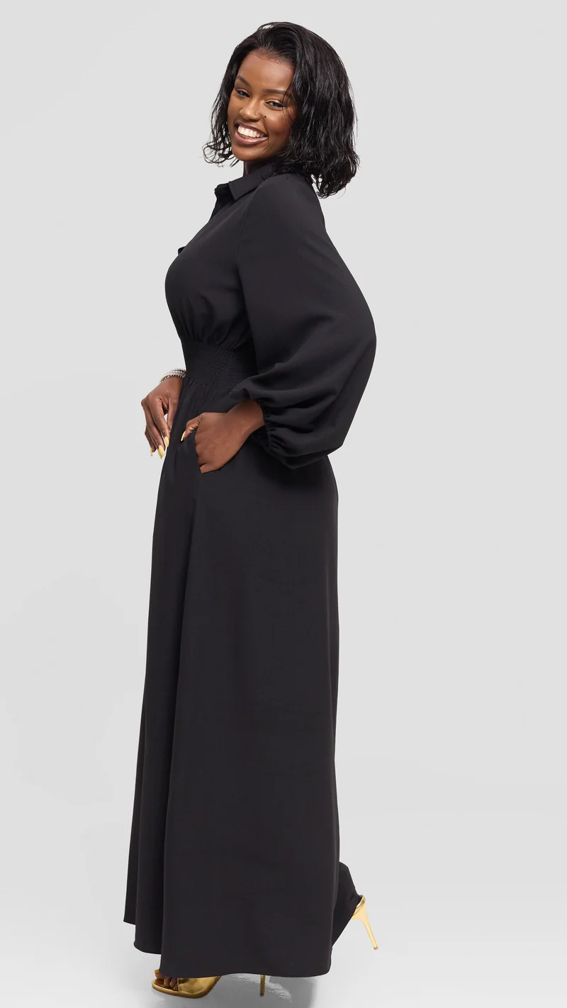 Vivo Bishop Sleeve Shirred Maxi Dress in Crepe - Black