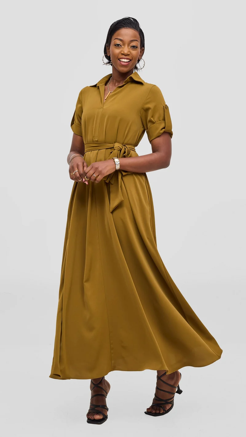 Vivo Yumi Maxi Shirt Dress in Crepe - Dark Olive