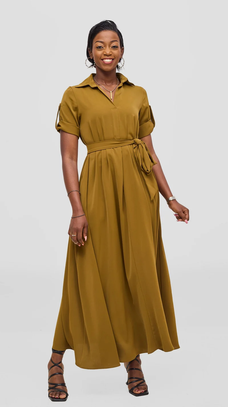 Vivo Yumi Maxi Shirt Dress in Crepe - Dark Olive