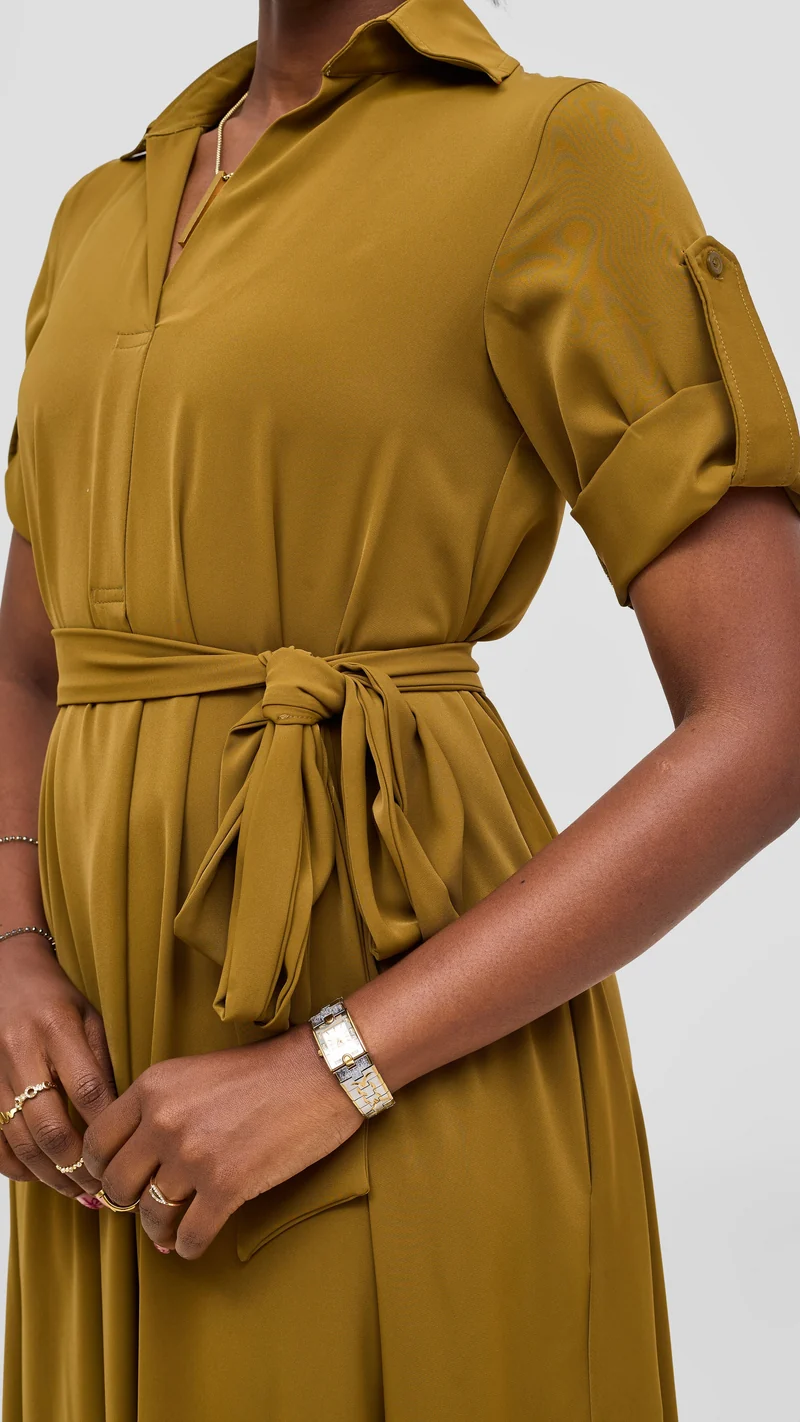 Vivo Yumi Maxi Shirt Dress in Crepe - Dark Olive