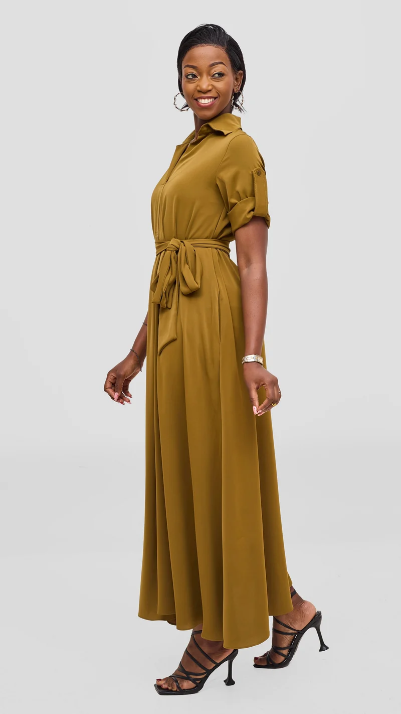 Vivo Yumi Maxi Shirt Dress in Crepe - Dark Olive