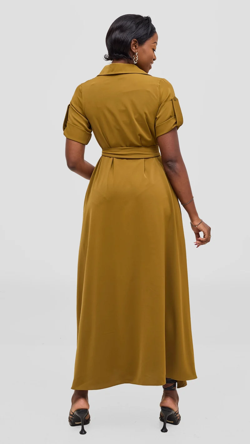 Vivo Yumi Maxi Shirt Dress in Crepe - Dark Olive