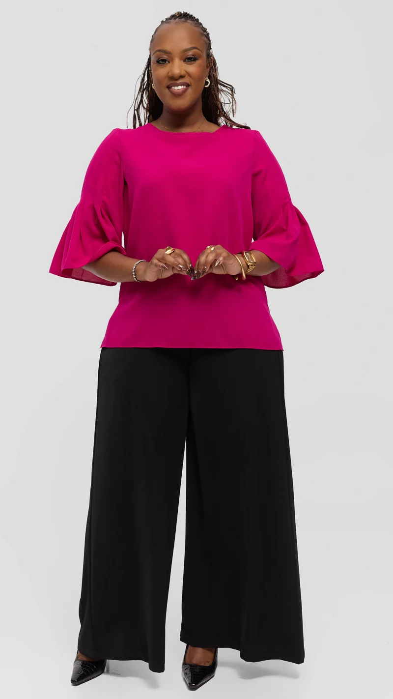 Vivo Pleated Sleeve Top in Chiffon - Fuschia