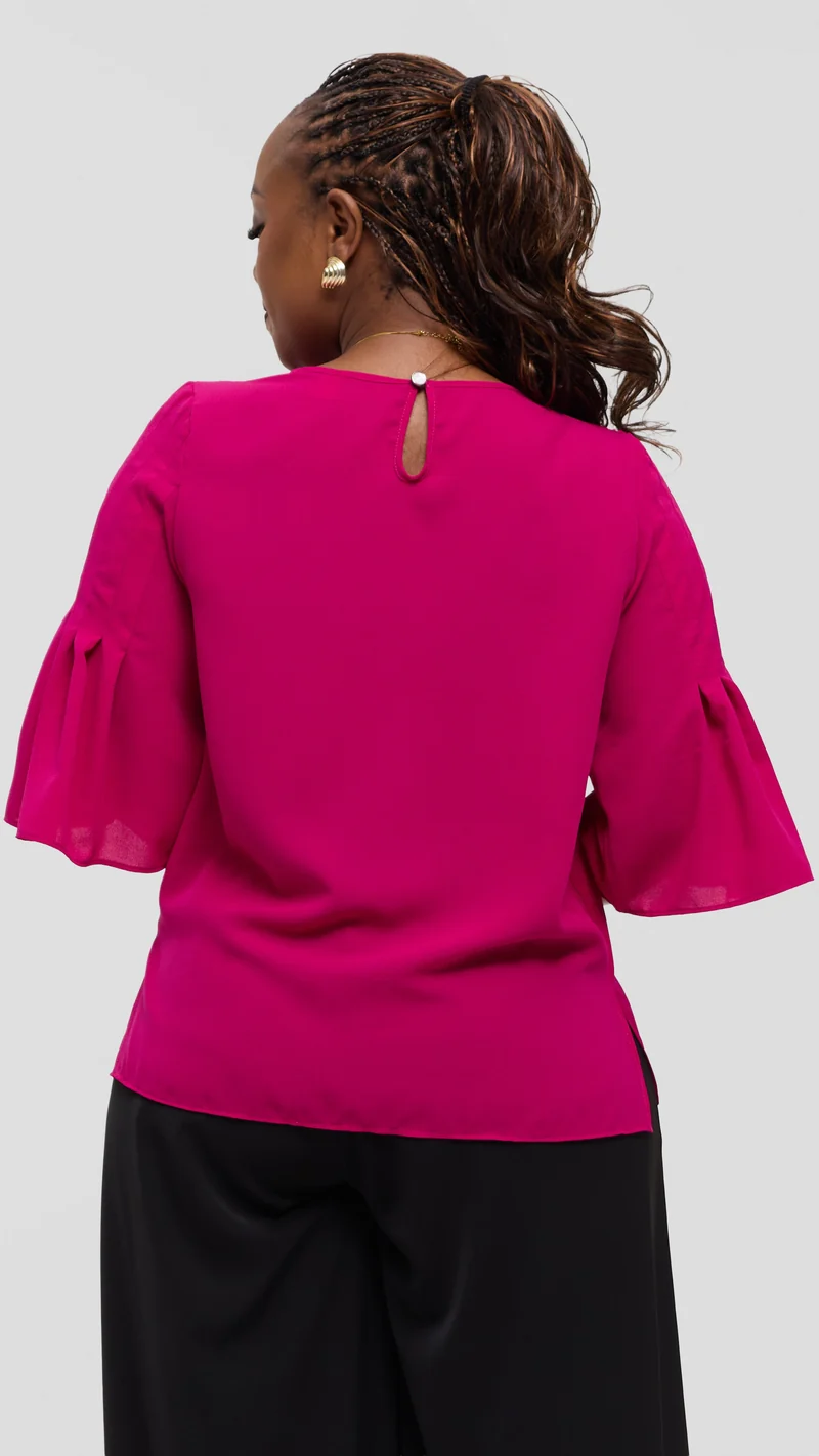 Vivo Pleated Sleeve Top in Chiffon - Fuschia