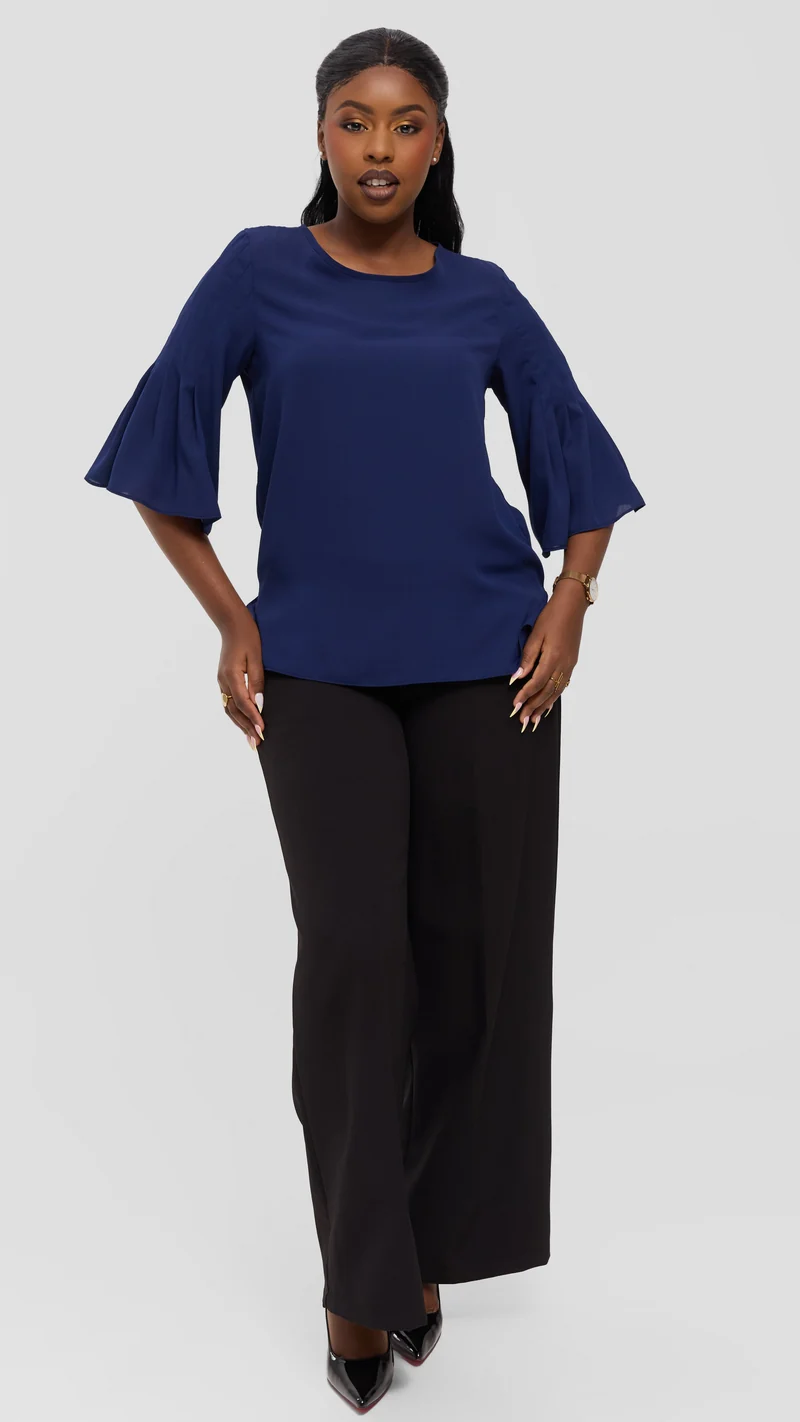 Vivo Pleated Sleeve Top in Chiffon - Navy Blue