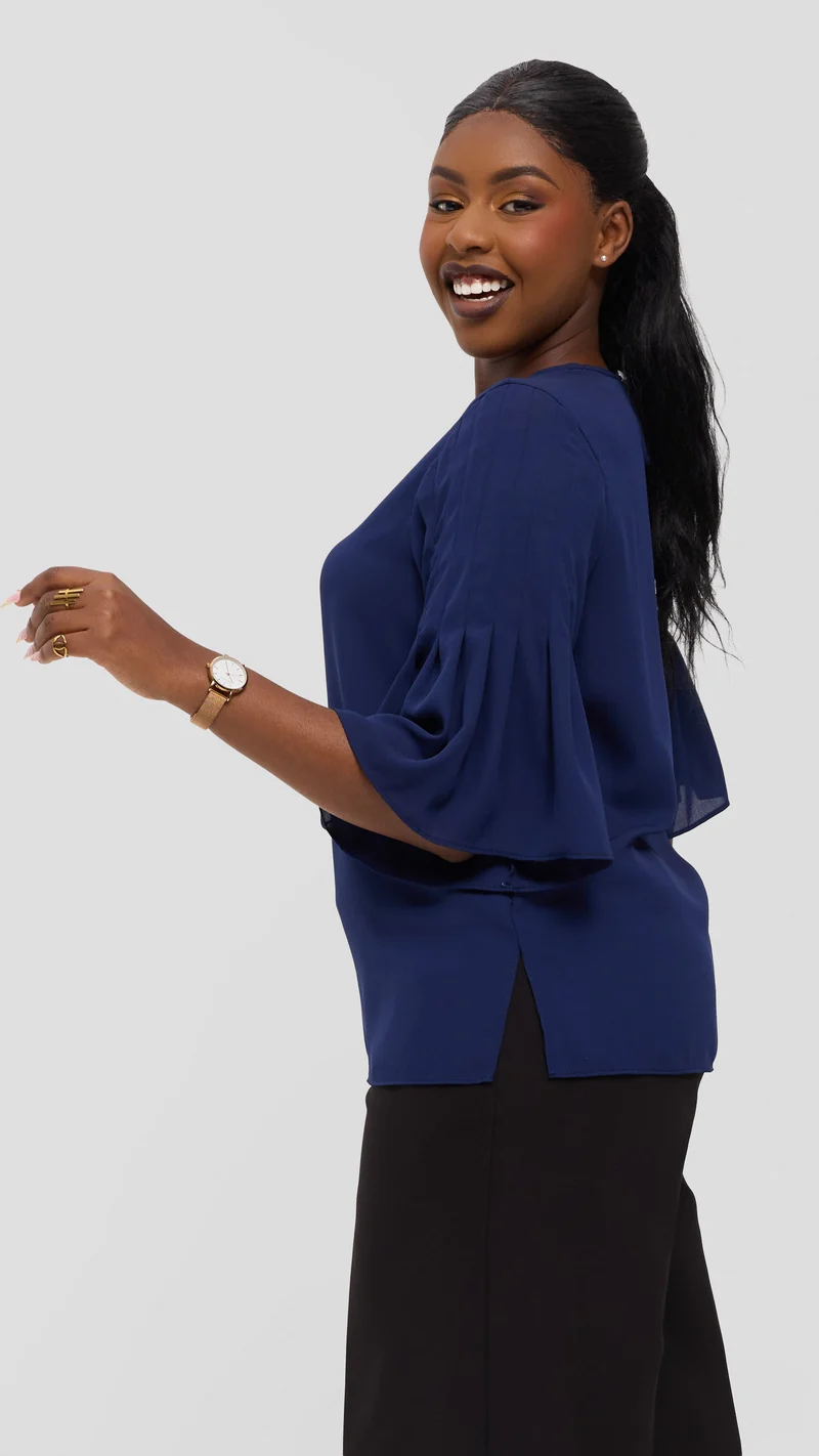 Vivo Pleated Sleeve Top in Chiffon - Navy Blue