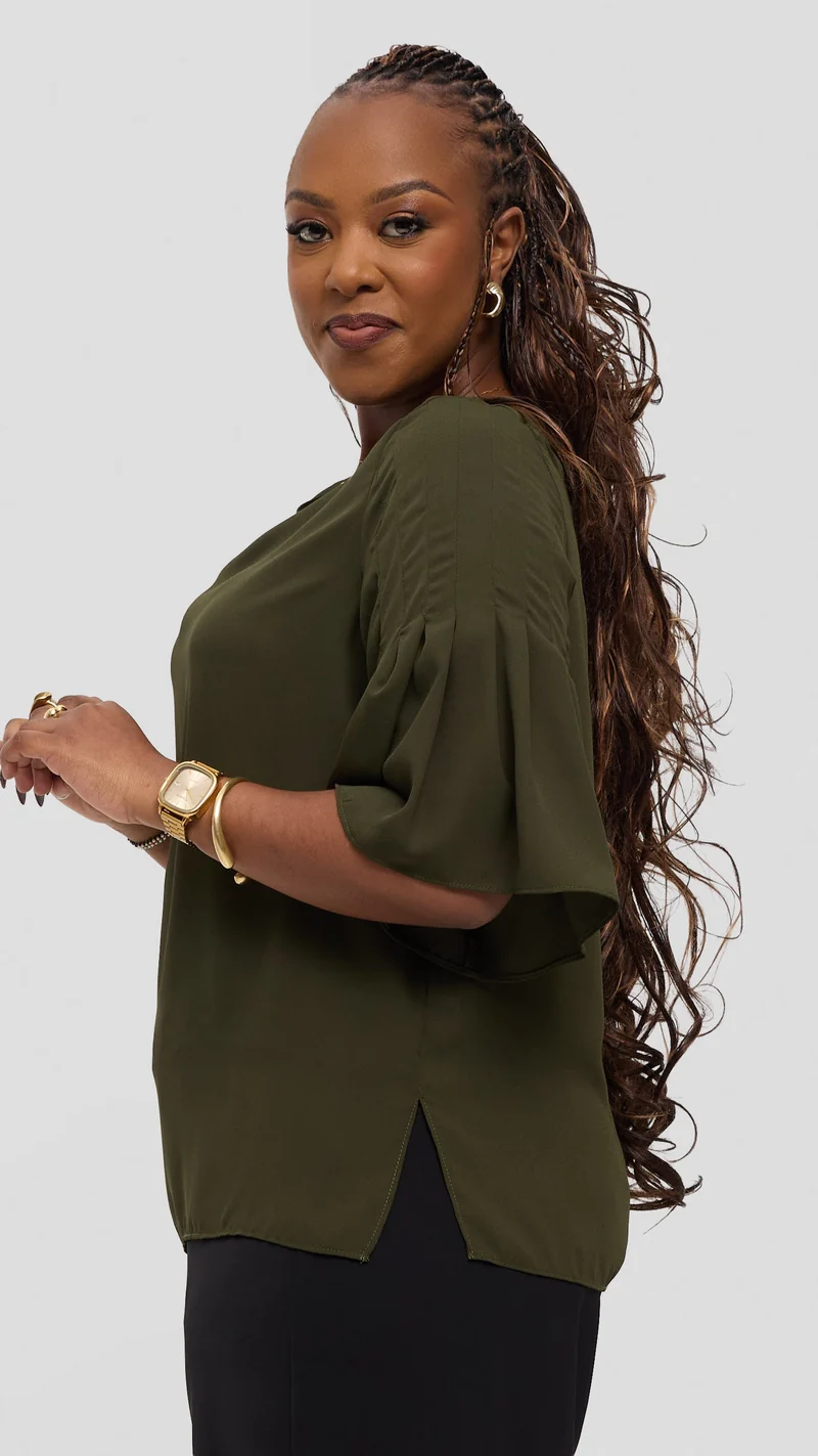 Vivo Pleated Sleeve Top in Chiffon - Dark Olive Green