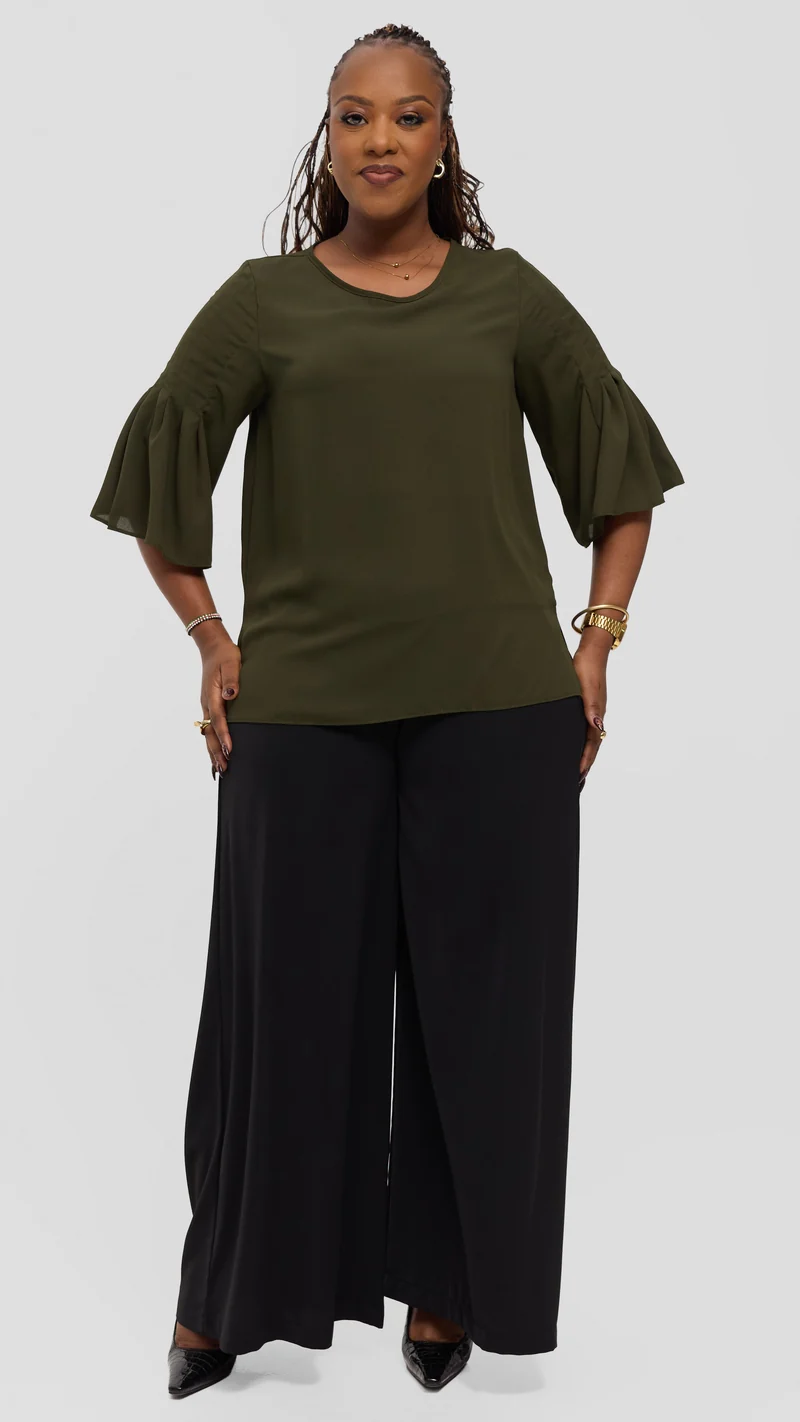 Vivo Pleated Sleeve Top in Chiffon - Dark Olive Green