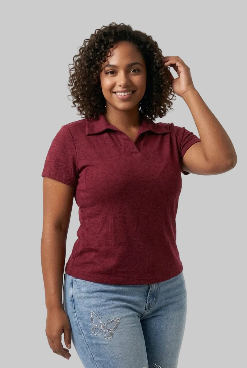 Stylish Sisters Ladies V-Neck Collared Polo Shirt - Maroon