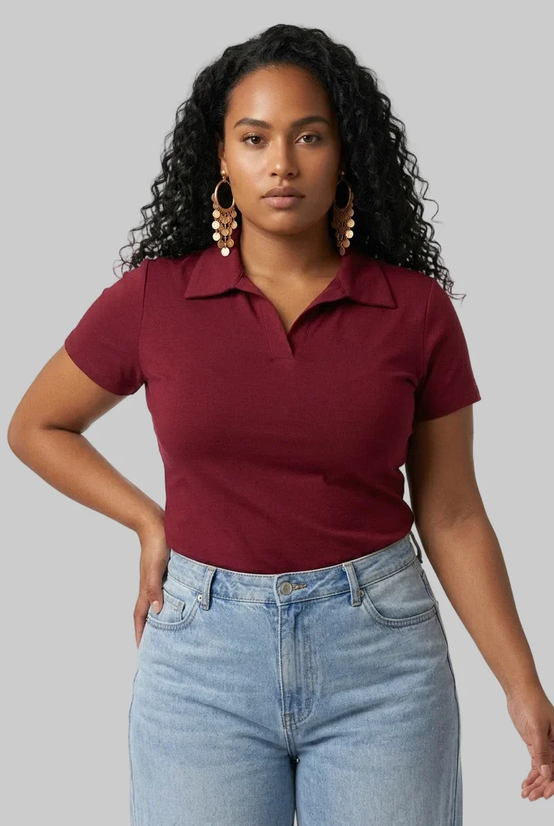 Stylish Sisters Ladies V-Neck Collared Polo Shirt - Maroon