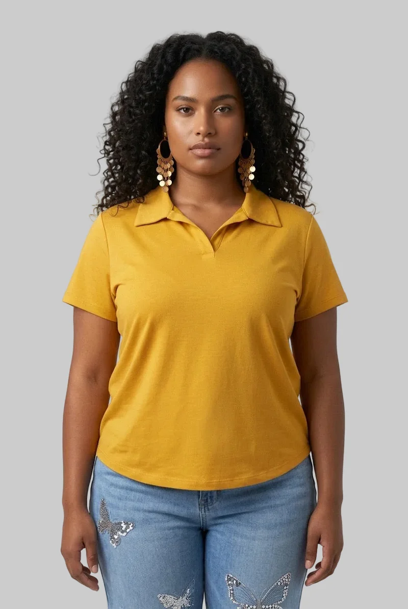 Stylish Sisters Ladies V-Neck Collared Polo Shirt - Mustard Yellow