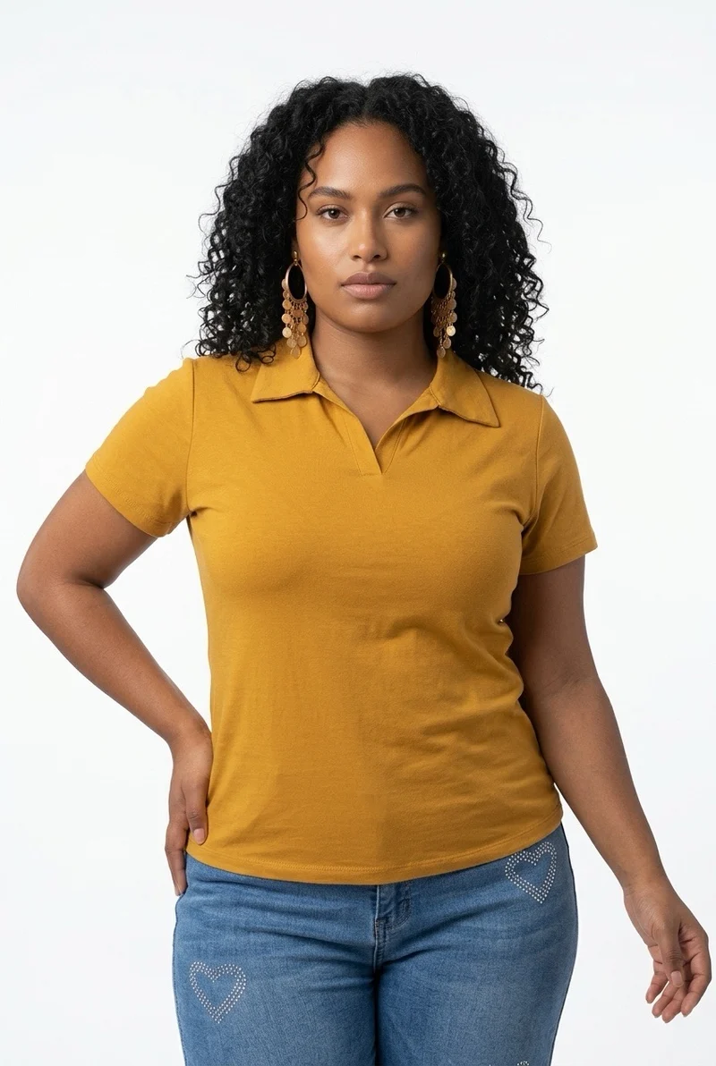 Stylish Sisters Ladies V-Neck Collared Polo Shirt - Mustard Yellow