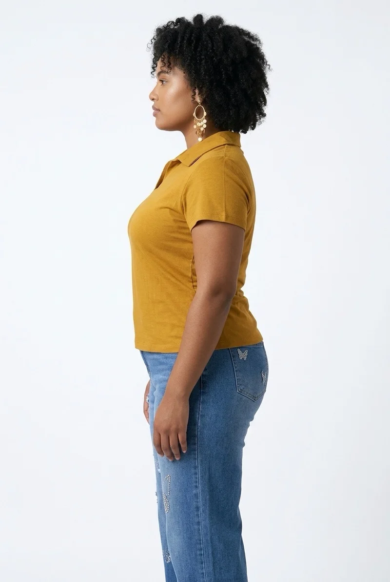 Stylish Sisters Ladies V-Neck Collared Polo Shirt - Mustard Yellow