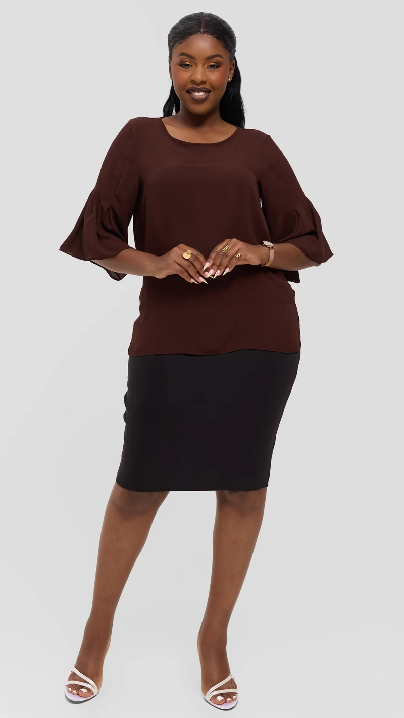 Vivo Pleated Sleeve Top in Chiffon - Dark Brown