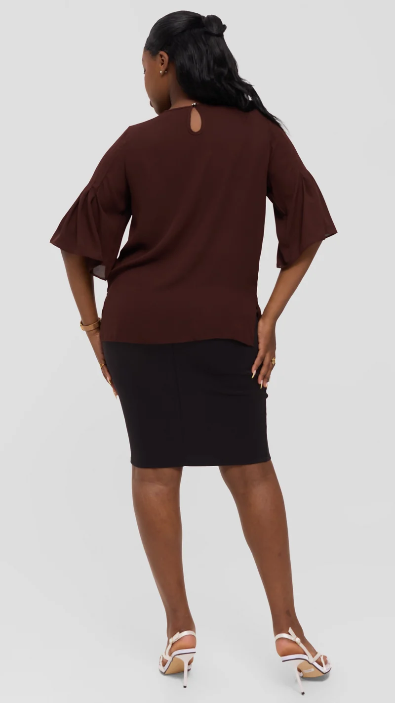 Vivo Pleated Sleeve Top in Chiffon - Dark Brown