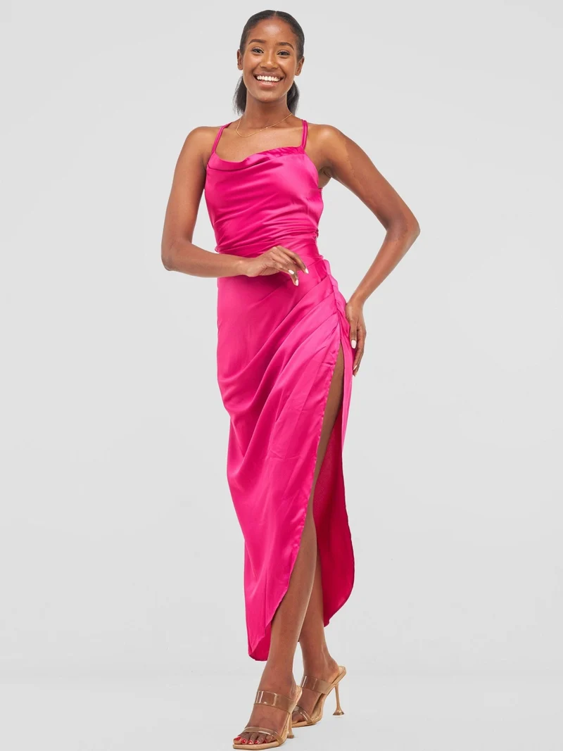 Backless Strappy Satin Dress With High Side Slit - Hot Pink