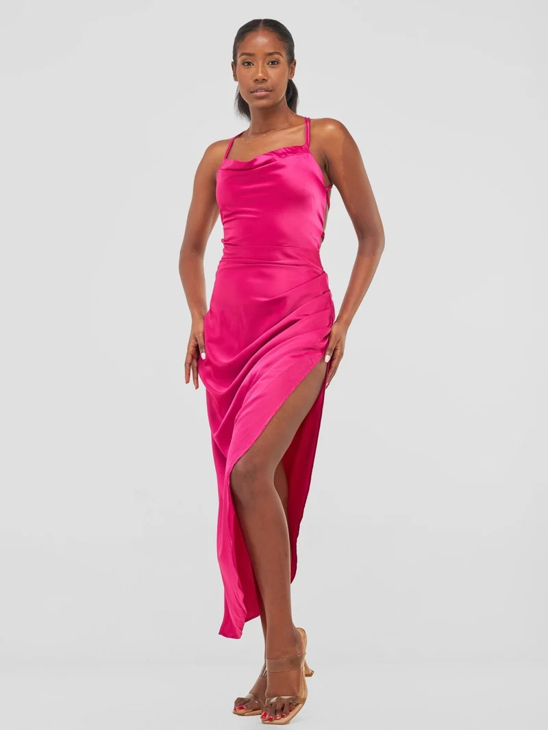Backless Strappy Satin Dress With High Side Slit - Hot Pink