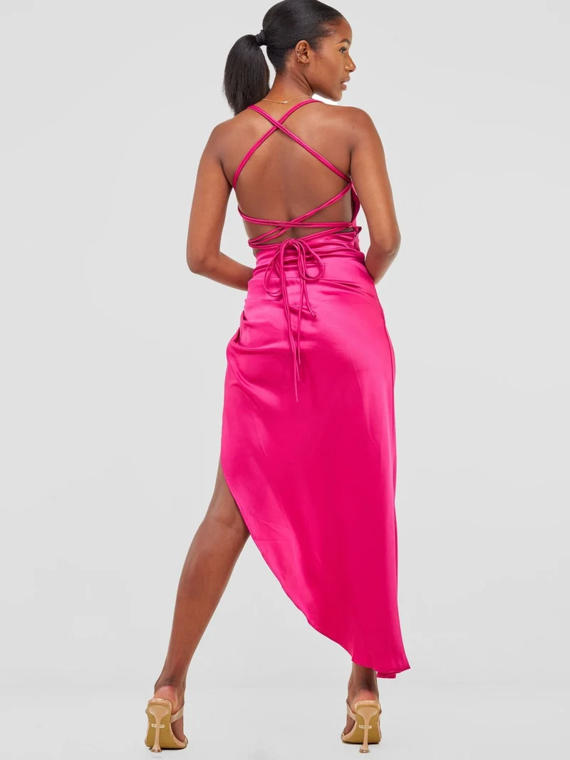 Backless Strappy Satin Dress With High Side Slit - Hot Pink