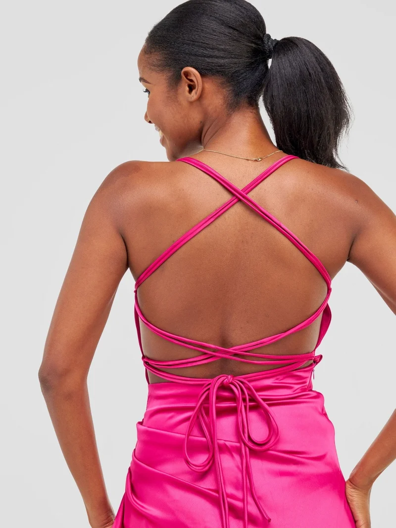 Backless Strappy Satin Dress With High Side Slit - Hot Pink