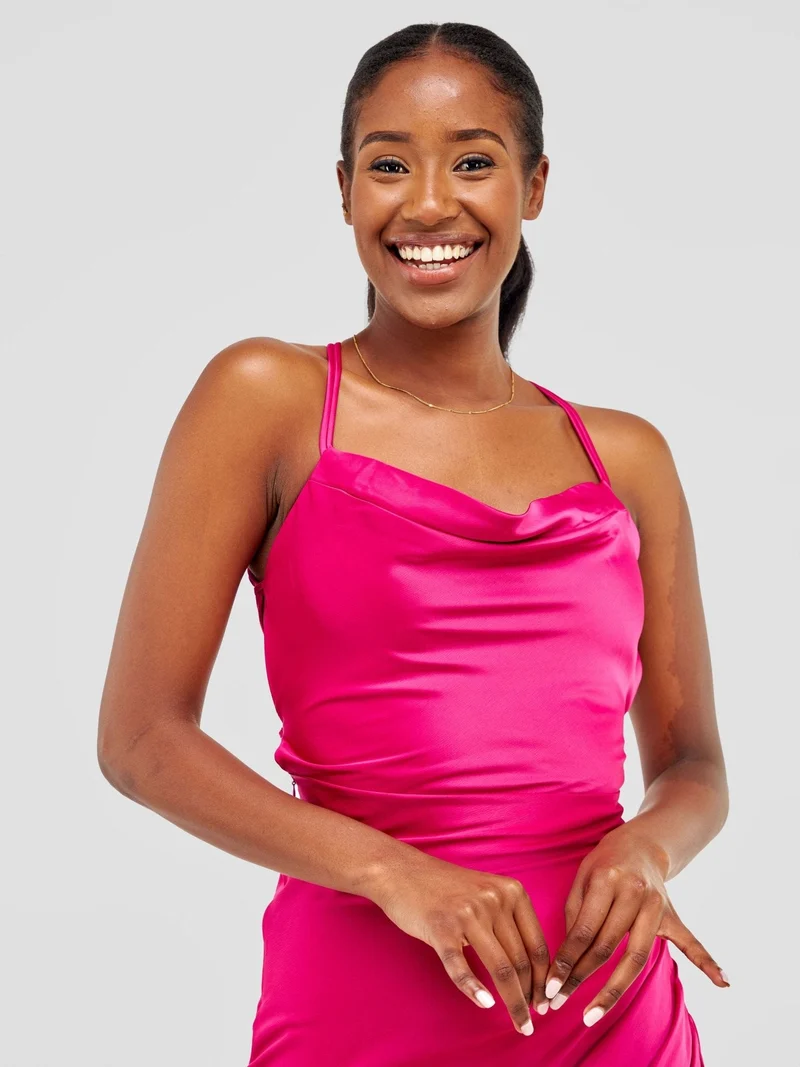 Backless Strappy Satin Dress With High Side Slit - Hot Pink