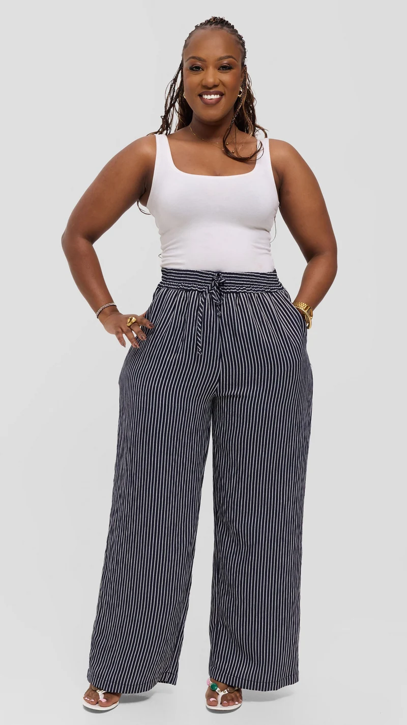 Vivo Drawstring Wide Leg Pants in Crepe - Navy Blue / White Stripes