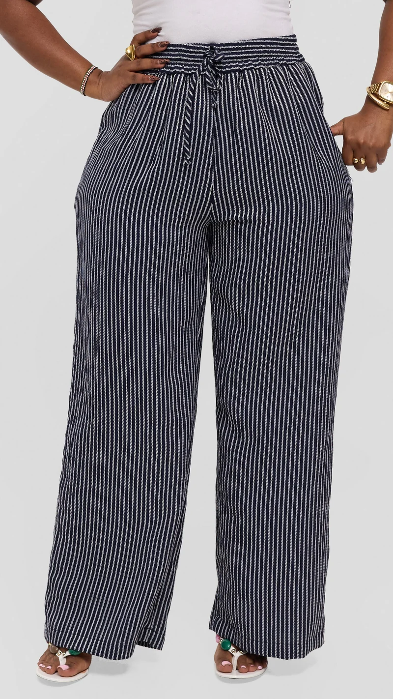 Vivo Drawstring Wide Leg Pants in Crepe - Navy Blue / White Stripes