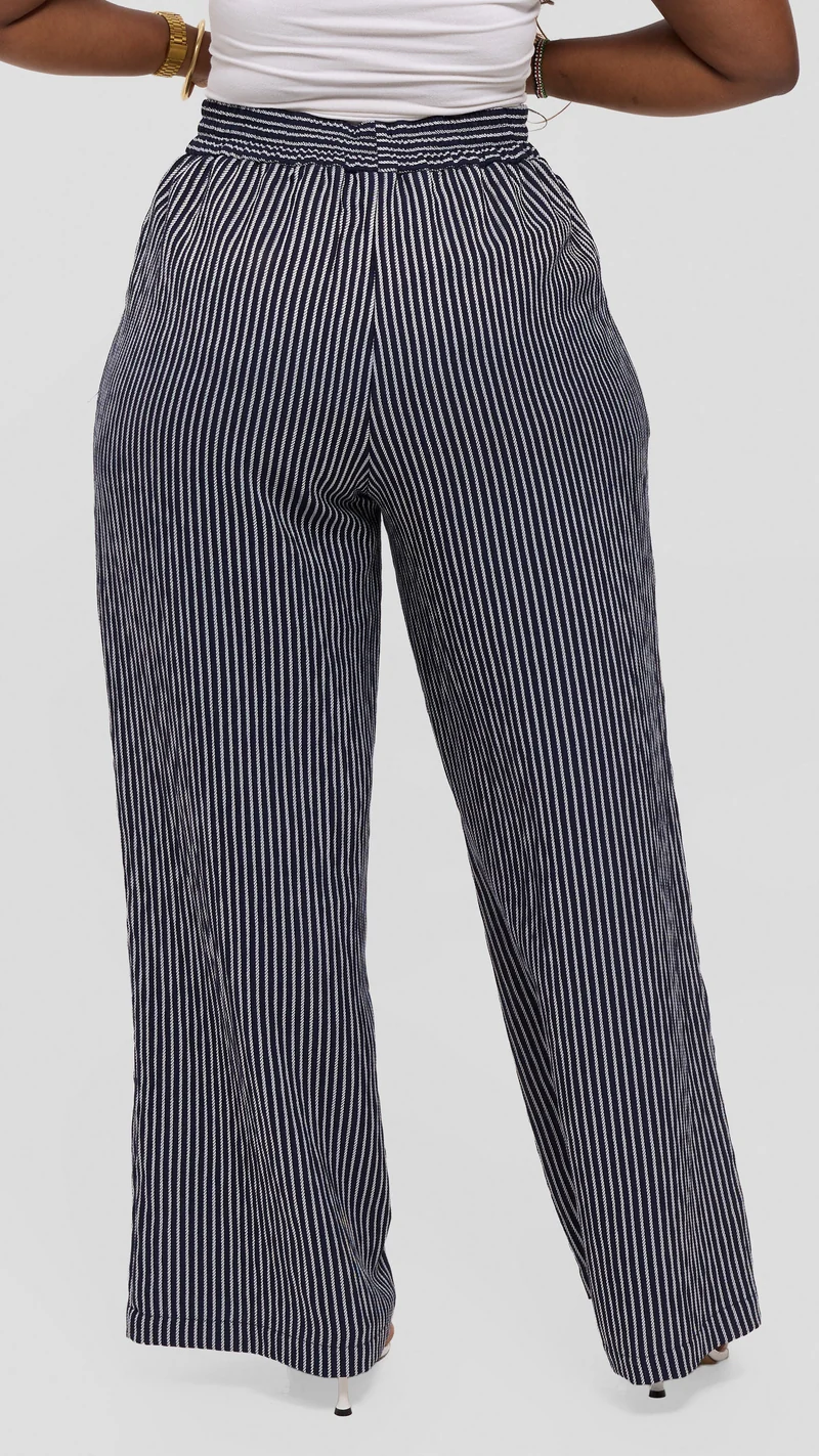 Vivo Drawstring Wide Leg Pants in Crepe - Navy Blue / White Stripes