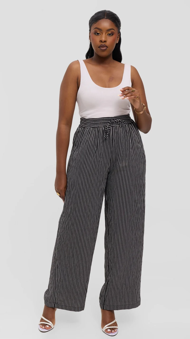 Vivo Drawstring Wide Leg Pants in Crepe - Navy Blue / White Stripes