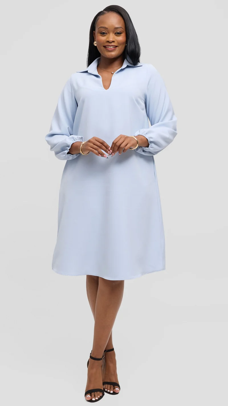 Vivo Mandla Bishop Sleeve Tent Dress in Crepe - Light Blue