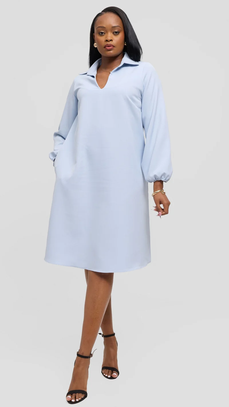 Vivo Mandla Bishop Sleeve Tent Dress in Crepe - Light Blue