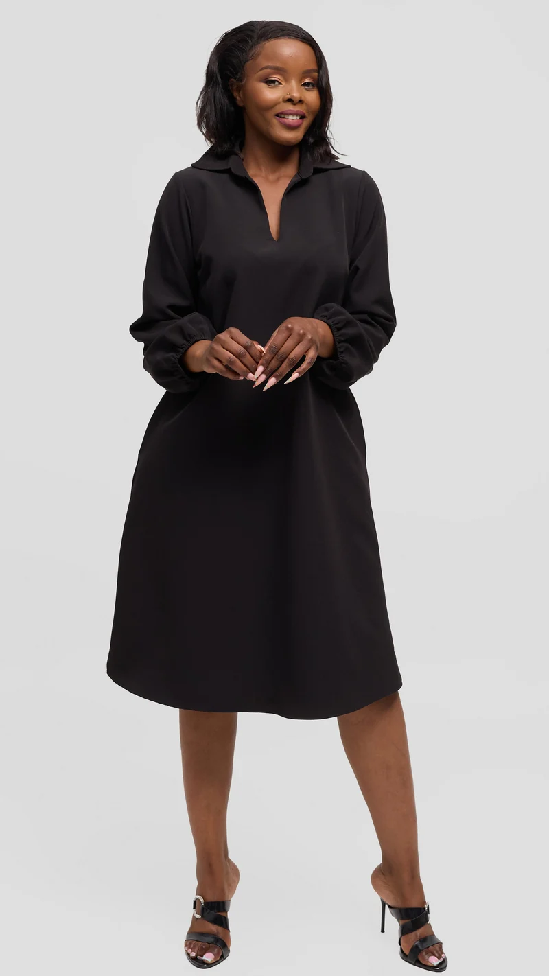Vivo Mandla Bishop Sleeve Tent Dress in Crepe - Black