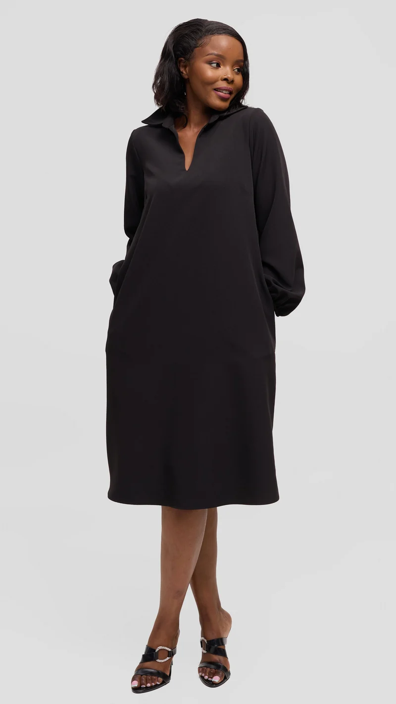 Vivo Mandla Bishop Sleeve Tent Dress in Crepe - Black