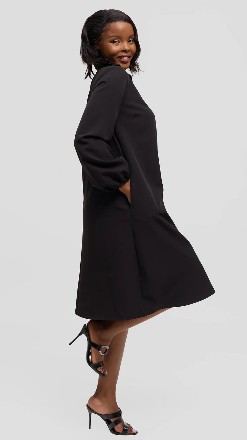 Vivo Mandla Bishop Sleeve Tent Dress in Crepe - Black