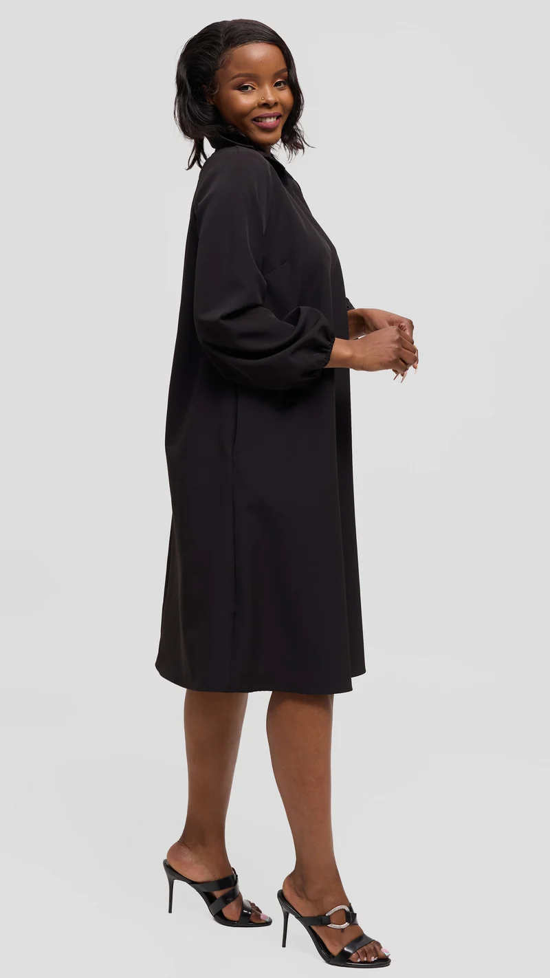 Vivo Mandla Bishop Sleeve Tent Dress in Crepe - Black