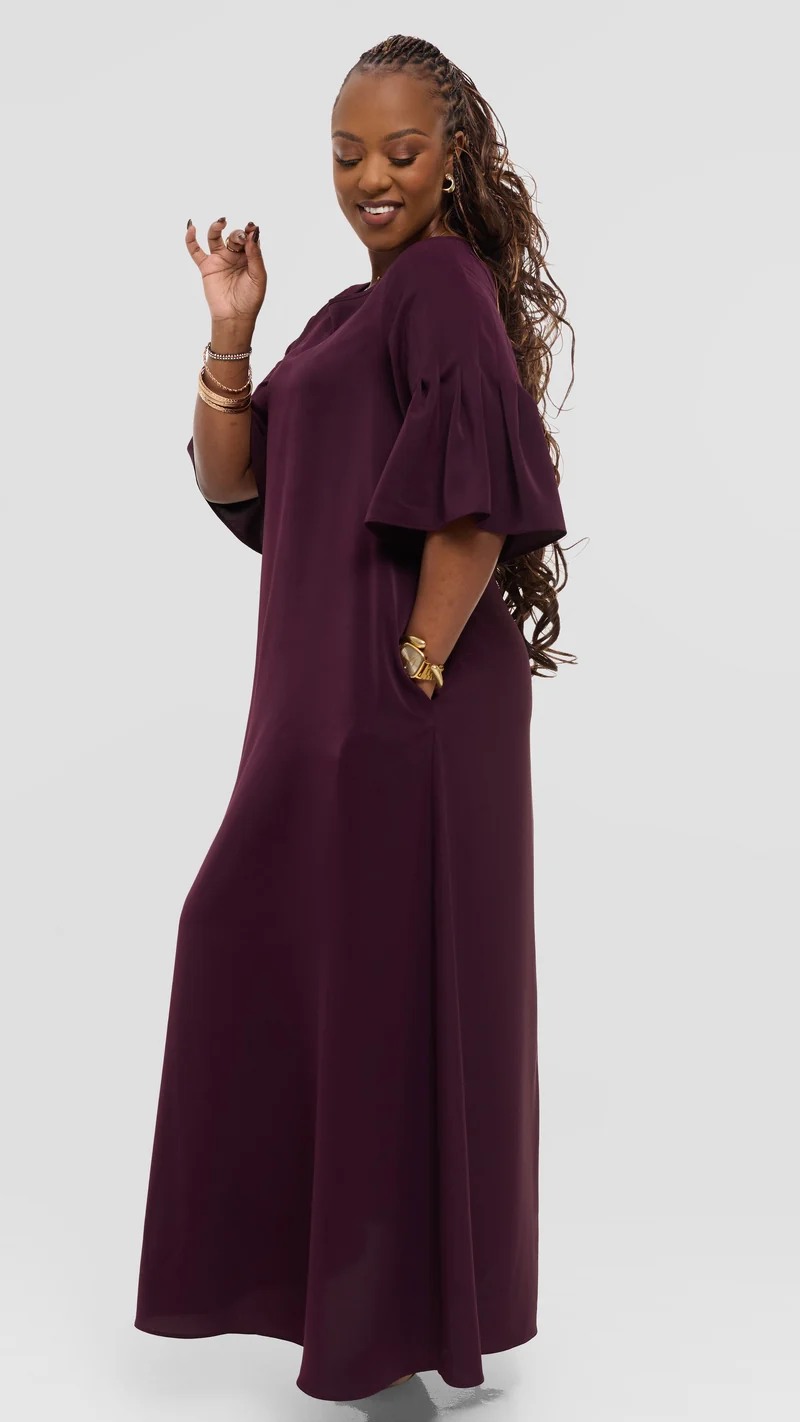 Vivo Pleated Sleeve Maxi Dress in Crepe - Mulberry