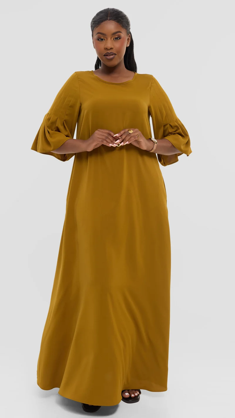 Vivo Pleated Sleeve Maxi Dress in Crepe - Dark Olive
