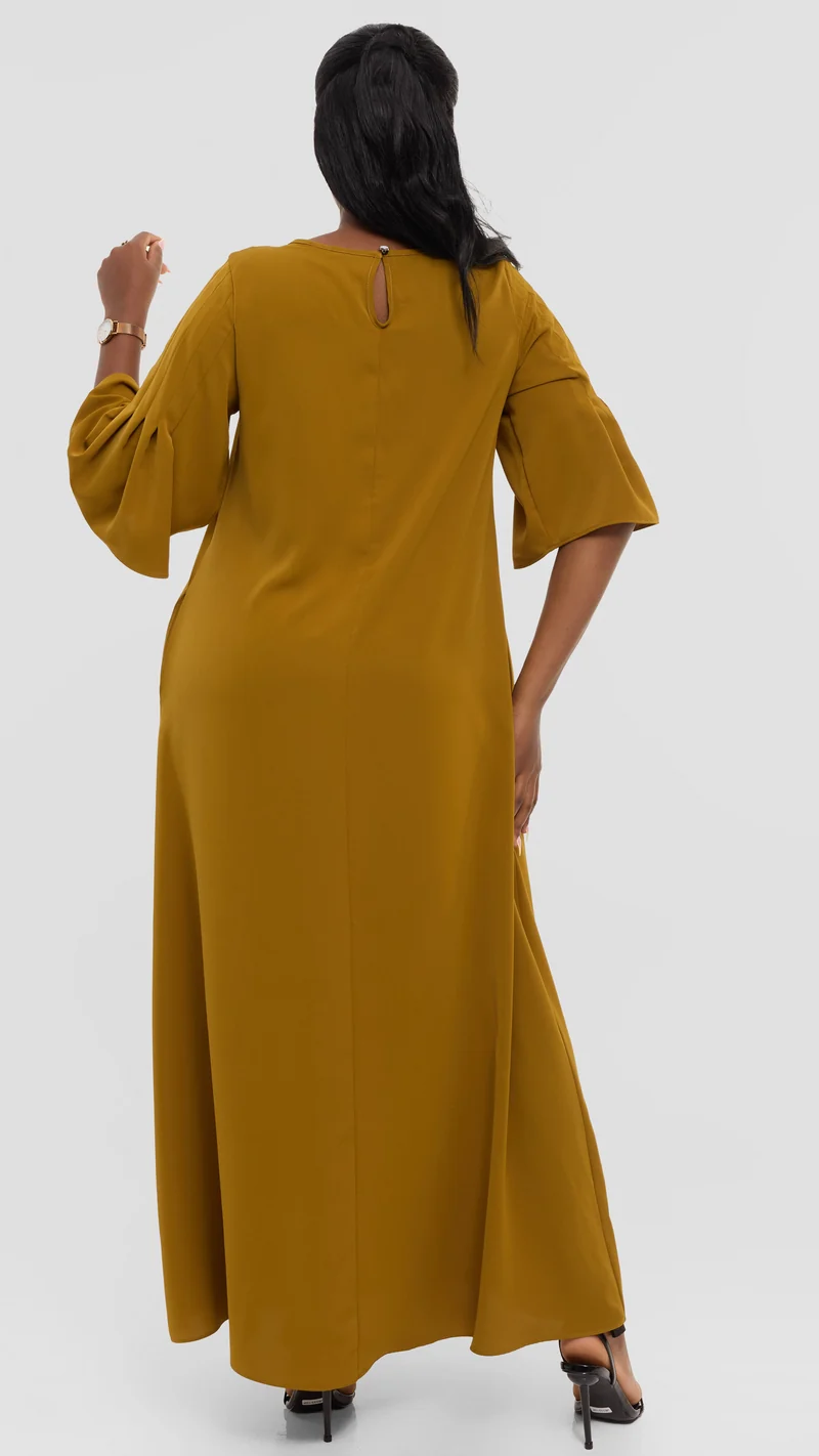 Vivo Pleated Sleeve Maxi Dress in Crepe - Dark Olive