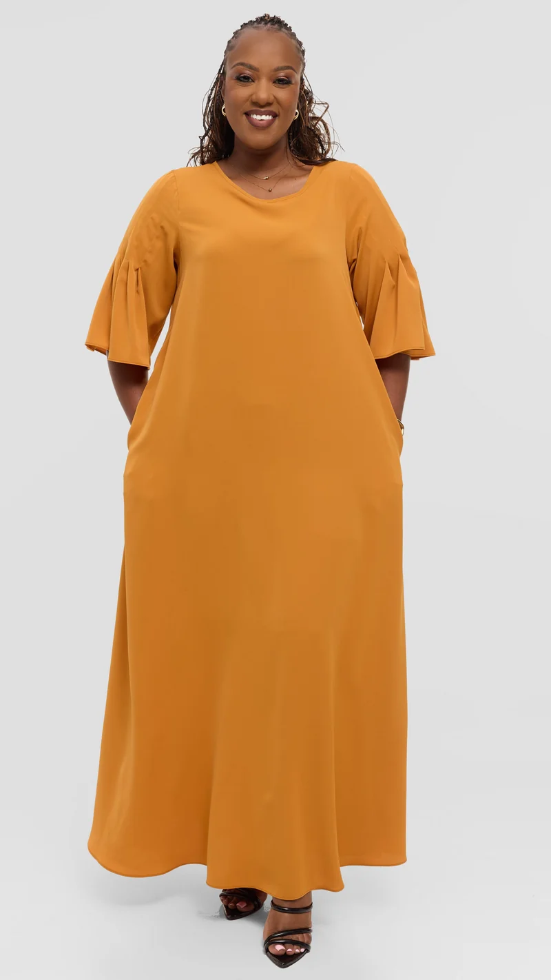 Vivo Pleated Sleeve Maxi Dress in Crepe - Mustard