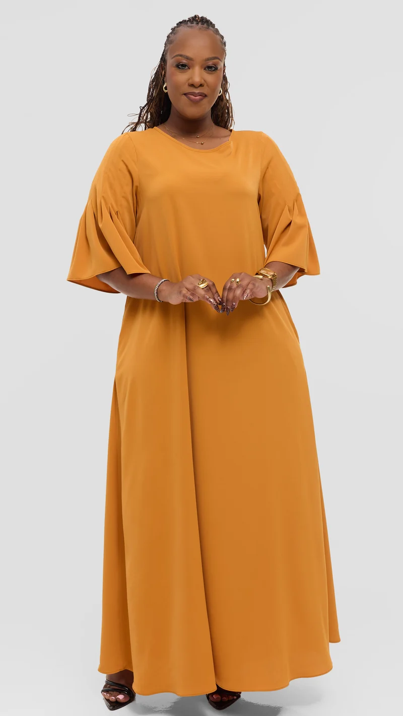 Vivo Pleated Sleeve Maxi Dress in Crepe - Mustard