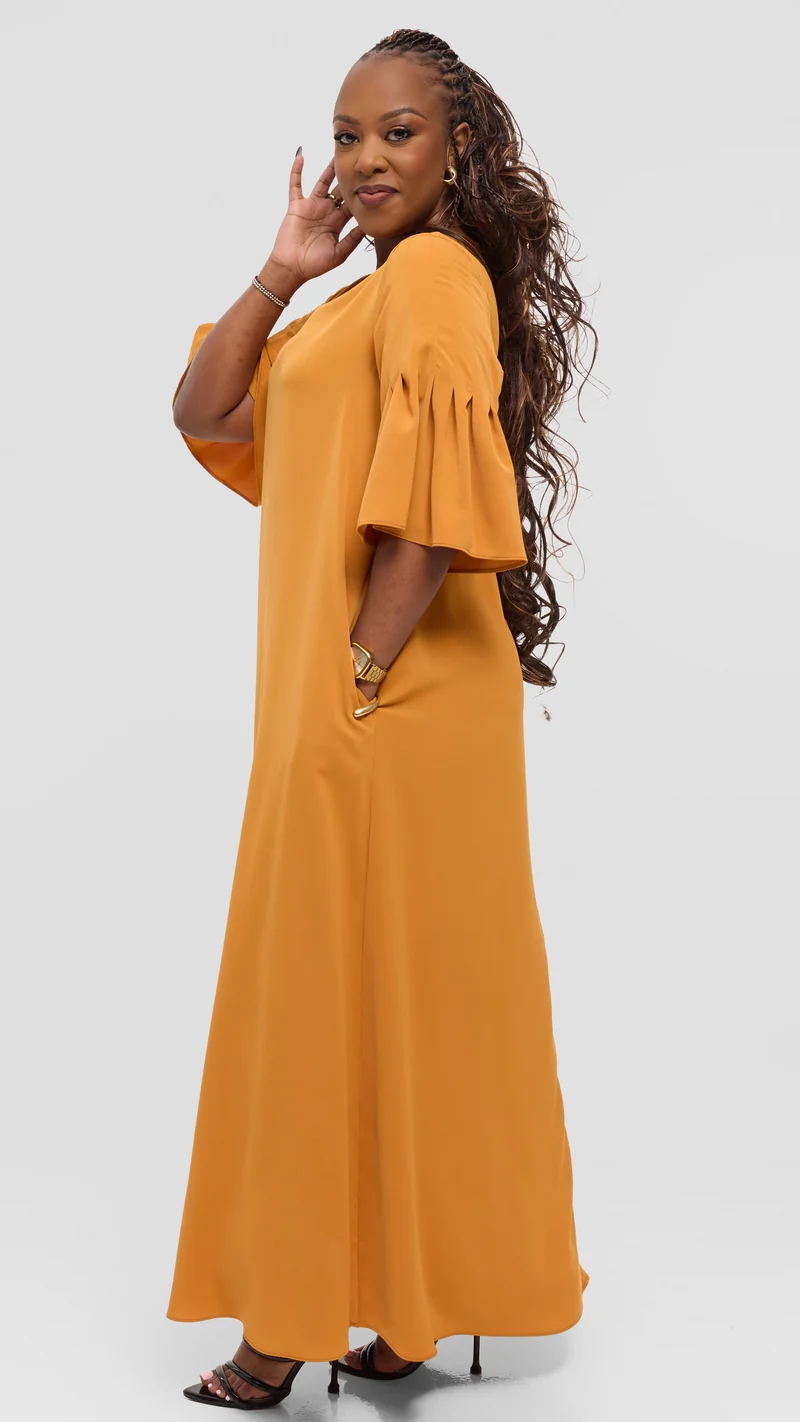 Vivo Pleated Sleeve Maxi Dress in Crepe - Mustard