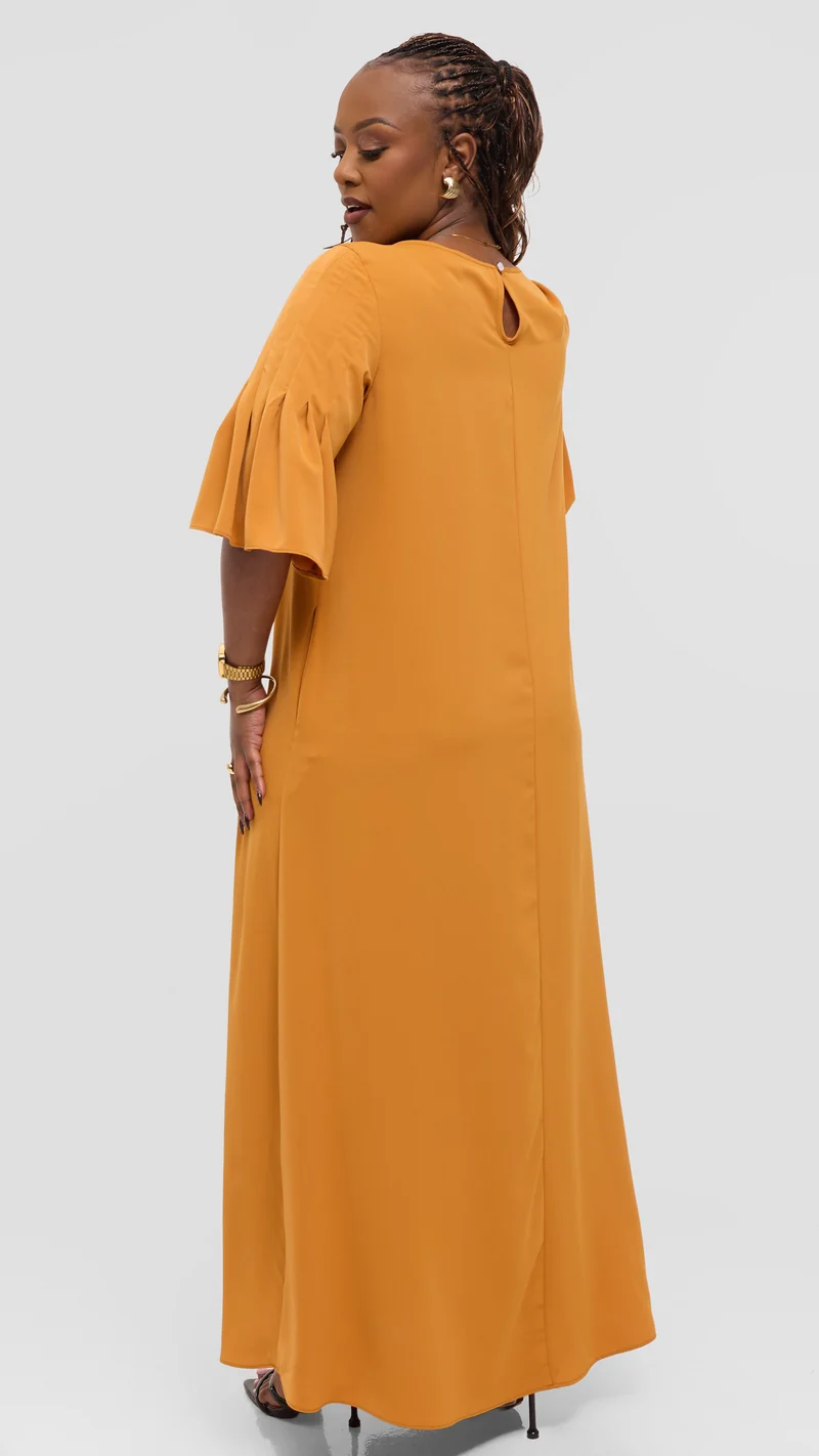 Vivo Pleated Sleeve Maxi Dress in Crepe - Mustard