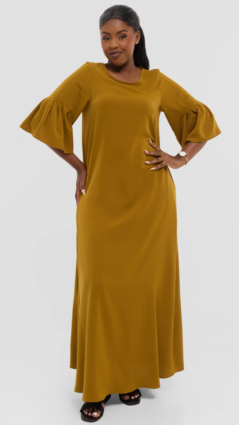 Vivo Pleated Sleeve Maxi Dress in Crepe - Mustard