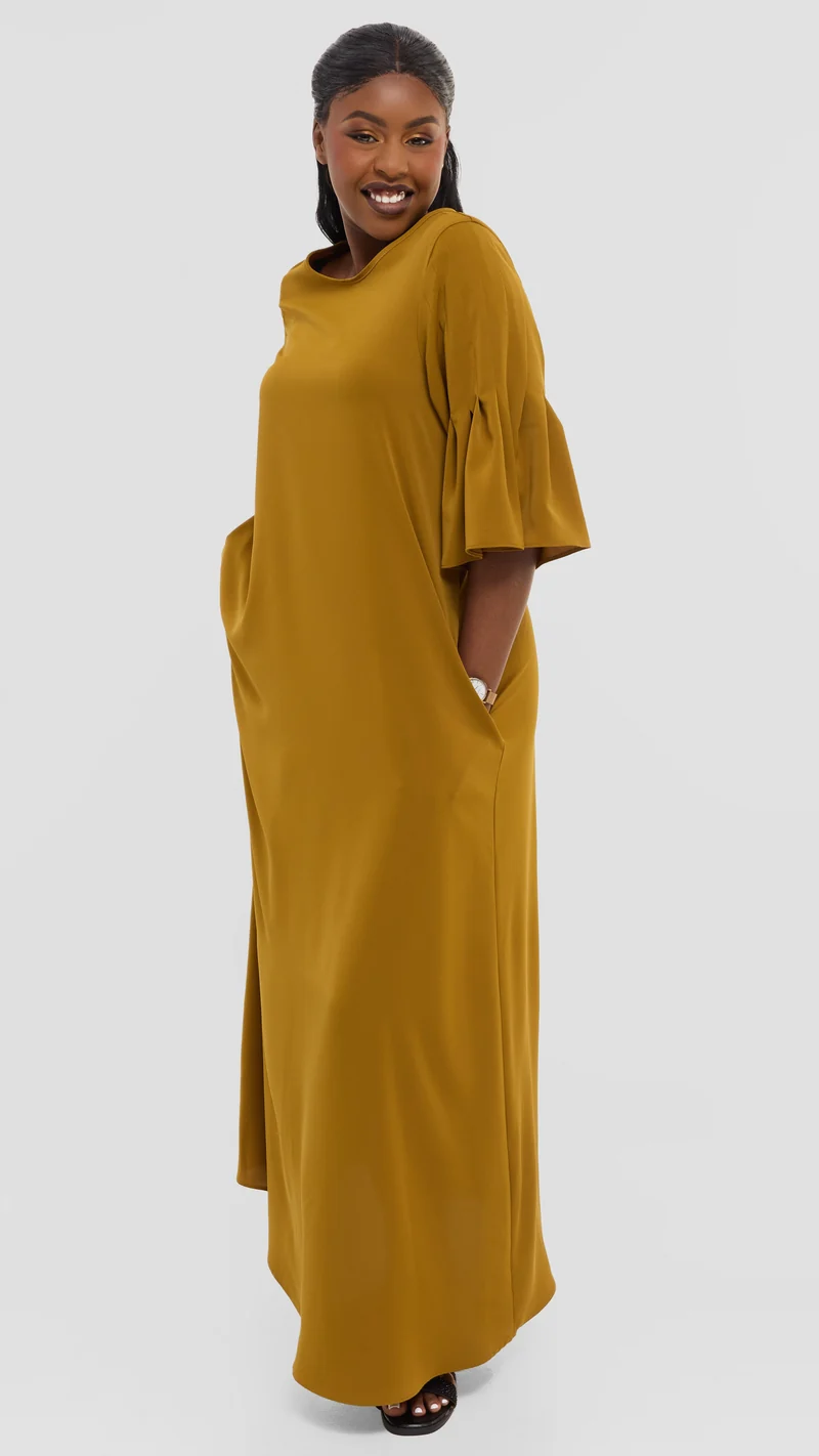 Vivo Pleated Sleeve Maxi Dress in Crepe - Mustard