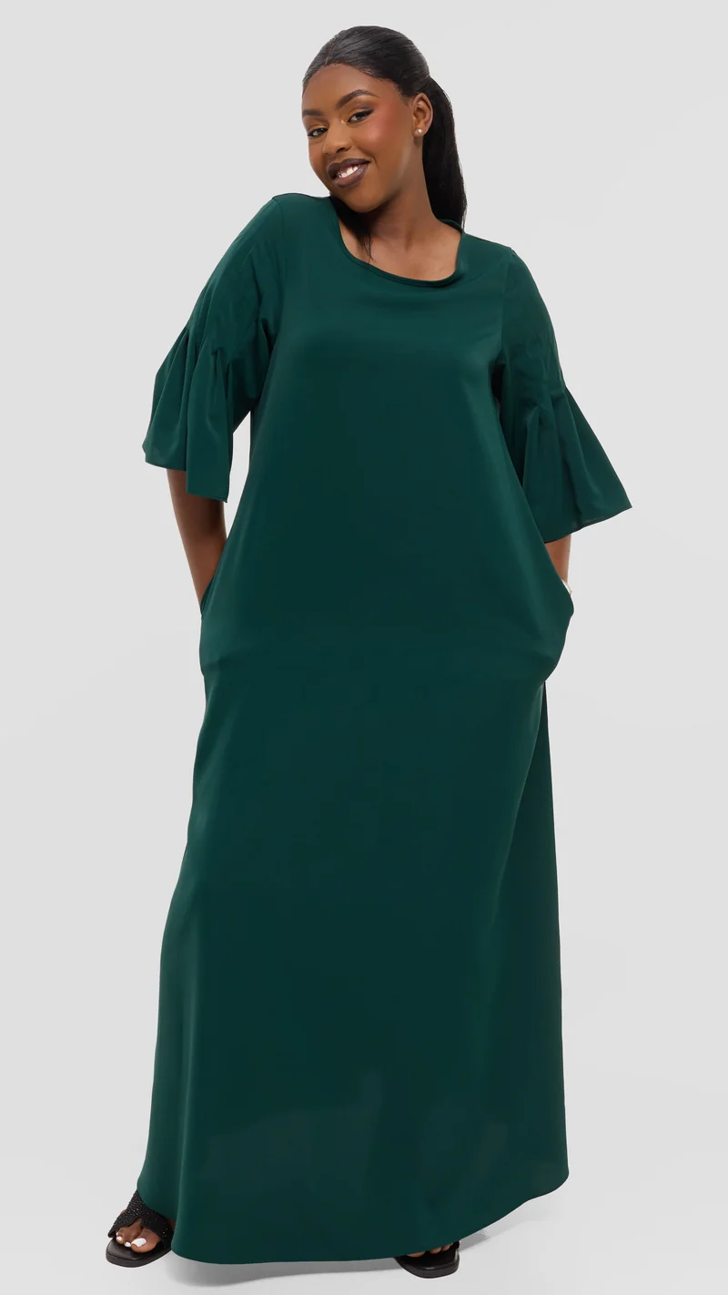 Vivo Pleated Sleeve Maxi Dress in Crepe - Dark Green