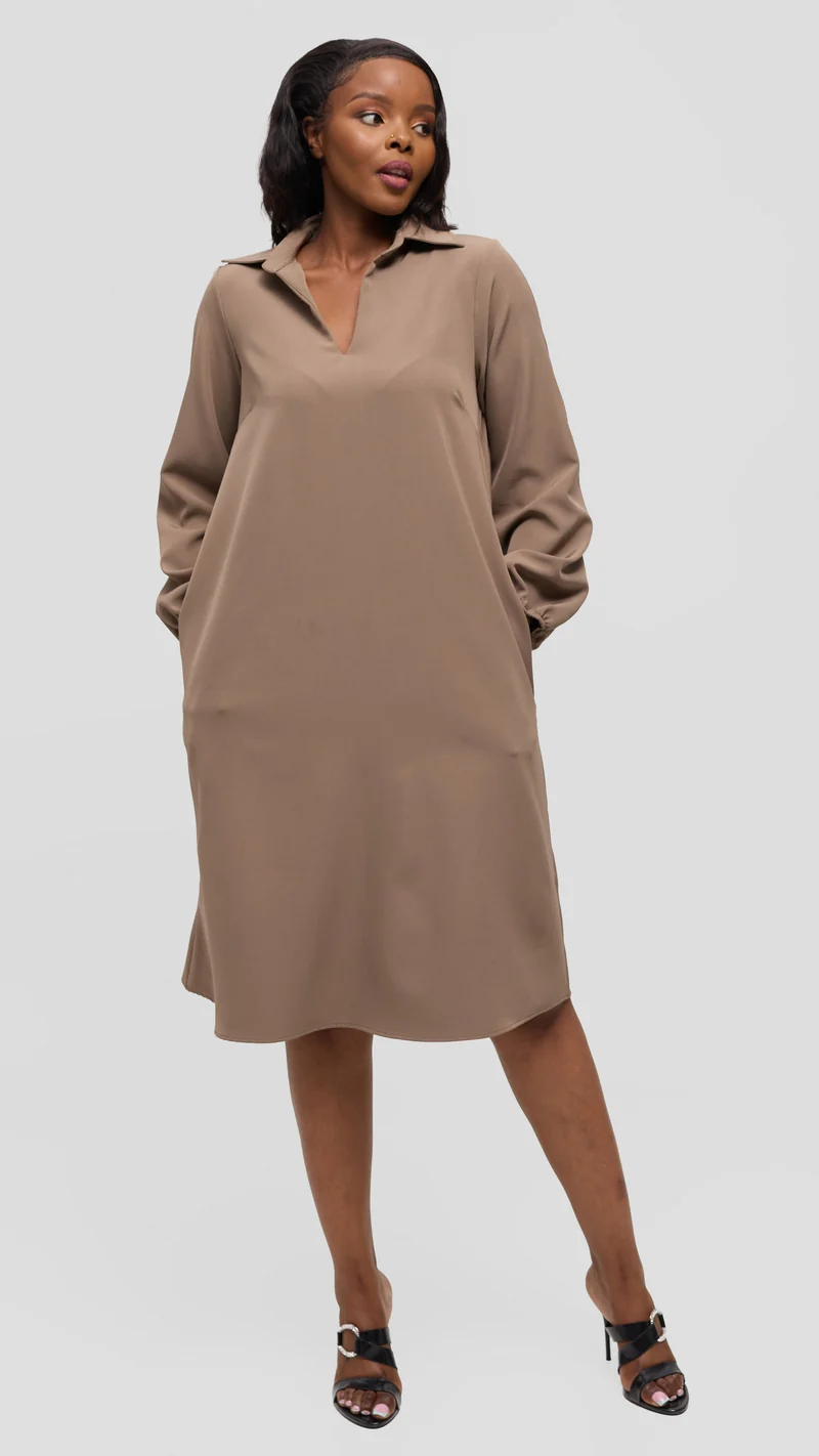 Vivo Mandla Bishop Sleeve Tent Dress in Crepe - Taupe